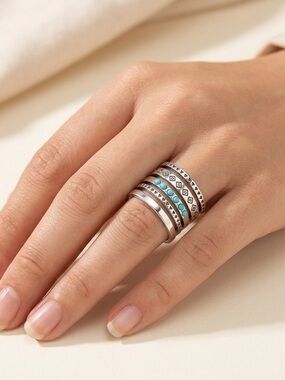 Boho Stacked Silver tone Turquoise Ring Retro Carved New Multi band statement